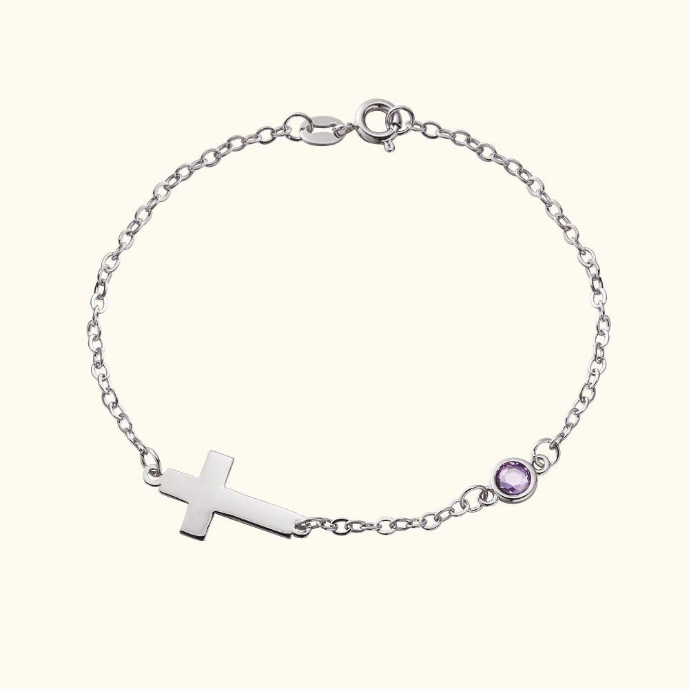 Bracelet à Breloque Croix Personnalisé avec Pierre de Naissance Cadeau Anniversaire Baptême Réligieux pour Femme Chrétienne