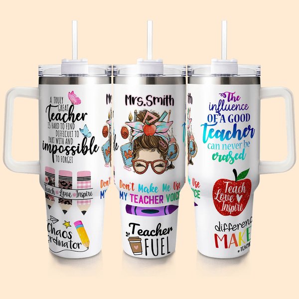 Personalized Teach Love Inspire Pen Apple Ruler Featured Text 40oz Tumbler with Lid And Straw Appreciation Teacher's Day Gift for Teacher