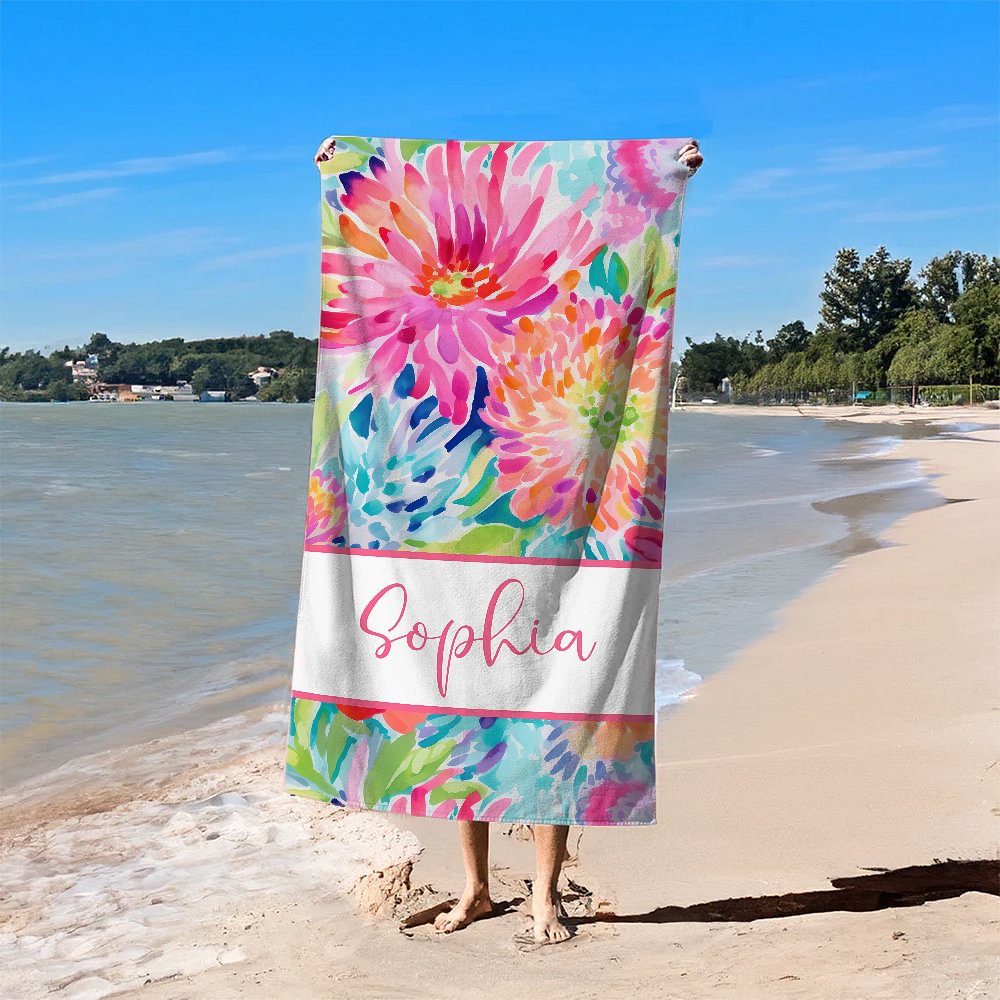 Serviette de Plage Personnalisée avec Nom Motif Fleur Aquarelle Linge à Séchage Rapide Cadeau Anniversaire Fête Piscine pour Femme