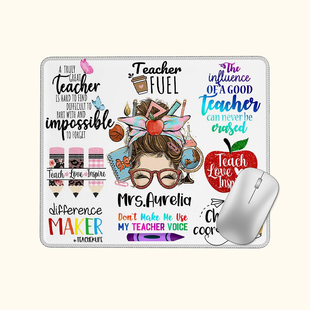Tapis de souris antidérapant personnalisé avec nom Crayon de dessin animé Pomme Enseigner Aimer Inspirer Cadeau de rentrée pour enseignant