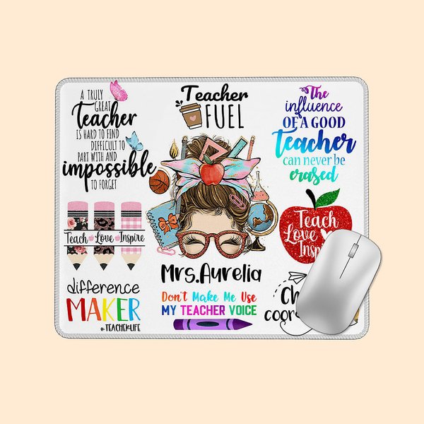 Tapis de souris antidérapant personnalisé avec nom Crayon de dessin animé Pomme Enseigner Aimer Inspirer Cadeau de rentrée pour enseignant