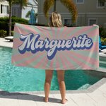 Personalised Super Absorbent Quick Dry Soft Groovy Retro Multicolor Beach Towel with Name Summer Party Birthday Gift for Her