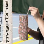 Personalised Retro Floral Pickleball Peak Racket 20oz Name Skinny Tumbler with Lid Straw and Cleaning Brush Birthday Gift for Pickleball Lover