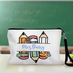 Personalised Retro Floral Pencils Portable Zipper Storage Bag with Name and Wrist Strap Back to School Appreciation Birthday Gift for Teacher Student