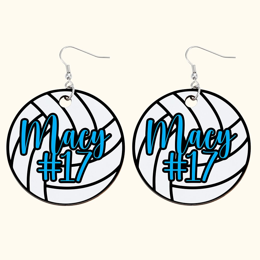 Boucles d'Oreilles Volley-ball en Bois Personnalisées avec Nom et Numéro Cadeau Anniversaire pour Amateur de Volley-ball