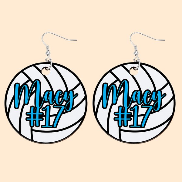 Wood Volleyball Earrings Name & Number Birthday Gift
