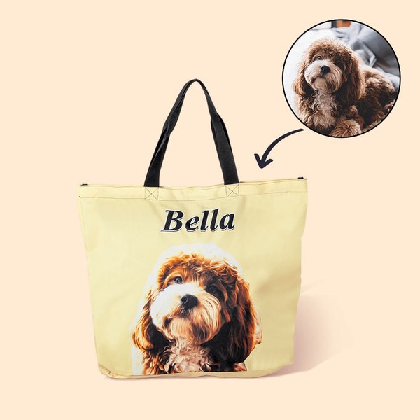 Personalised Oil Painting Style Pet Portrait Photo Large Capacity Multicolor Canvas Tote Bag with Zipper Birthday Anniversary Gift for Pet Lover