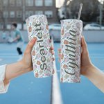 Personalised Retro Floral Pickleball Peak Racket 20oz Name Skinny Tumbler with Lid Straw and Cleaning Brush Birthday Gift for Pickleball Lover