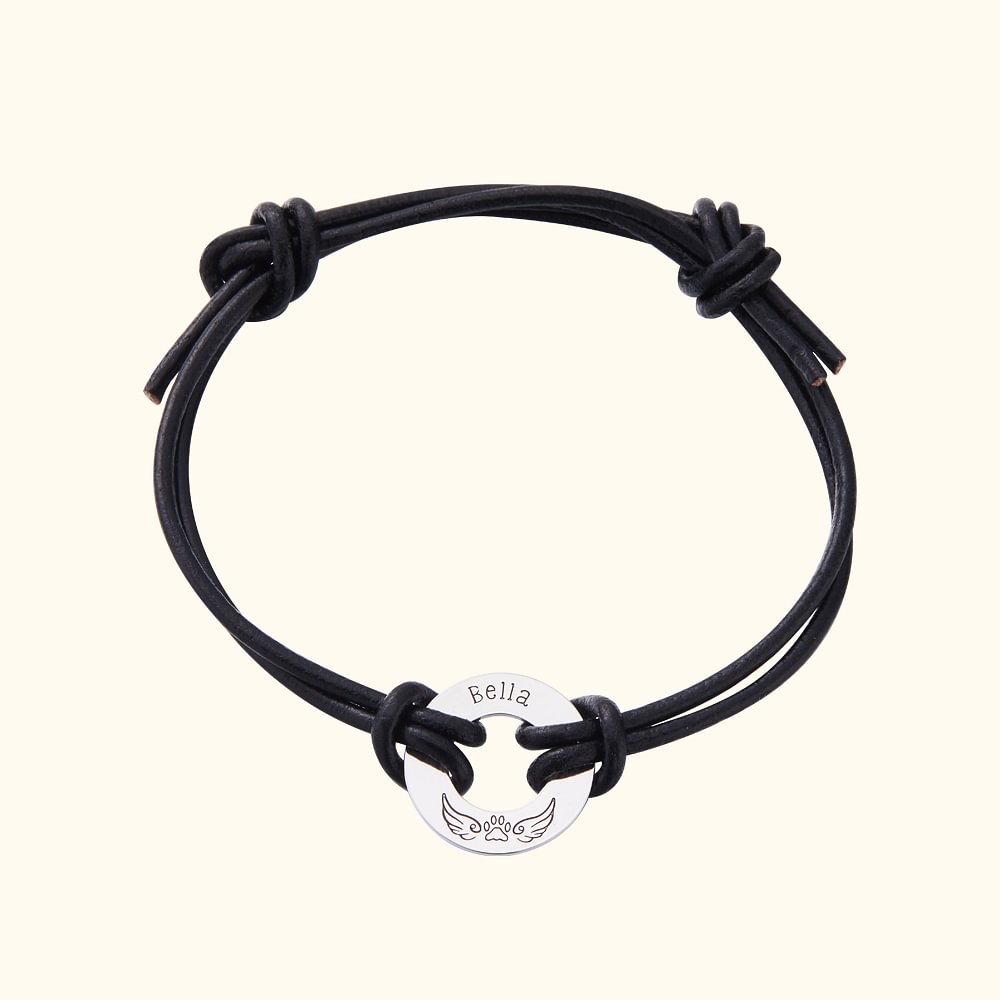 Bracelet Personnalisé avec Nom Gravé Corde en Cuir Motif Ailes d'Ange et Patte Cadeau de Sympathie Souvenir pour Amoureux des Animaux de Compagnie