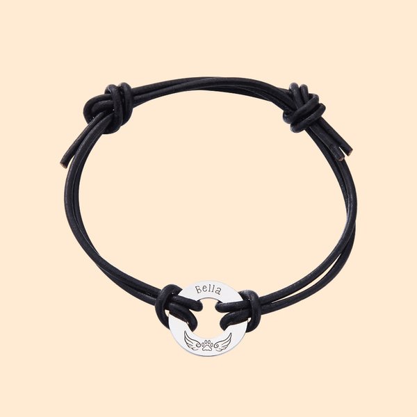 Personalisierte gravierte Engelsflügel Haustier Pfote drucken Leder Seil Armband mit Namen Memorial Sympathie Geschenk für Tierliebhaber