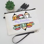Personalised Retro Floral Pencils Portable Zipper Storage Bag with Name and Wrist Strap Back to School Appreciation Birthday Gift for Teacher Student