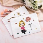 Personalised Cute Cartoon Character Linen Makeup Bag with Birth Flower and Name Travel Accessories Birthday Bridal Party Gift for Women Girls