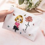 Personalised Cute Cartoon Character Linen Makeup Bag with Birth Flower and Name Travel Accessories Birthday Bridal Party Gift for Women Girls
