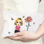 Personalised Cute Cartoon Character Linen Makeup Bag with Birth Flower and Name Travel Accessories Birthday Bridal Party Gift for Women Girls