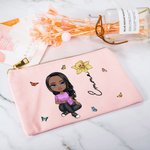 Personalised Cute Cartoon Character Linen Makeup Bag with Birth Flower and Name Travel Accessories Birthday Bridal Party Gift for Women Girls