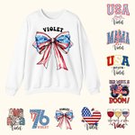 Personalised Red White Blue USA Flag Bow Heart Letters 4th of July 1776 Sweatshirt with Name American Independence Day Gift for Her