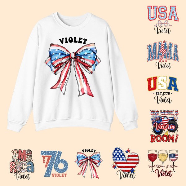 Personalized Red White Blue USA Flag Bow Heart Letters 4th of July 1776 Sweatshirt with Name American Independence Day Gift for Her