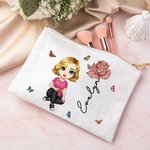 Personalised Cute Cartoon Character Linen Makeup Bag with Birth Flower and Name Travel Accessories Birthday Bridal Party Gift for Women Girls