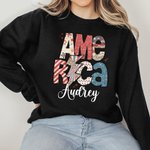 Personalised Red White Blue USA Flag Bow Heart Letters 4th of July 1776 Sweatshirt with Name American Independence Day Gift for Her
