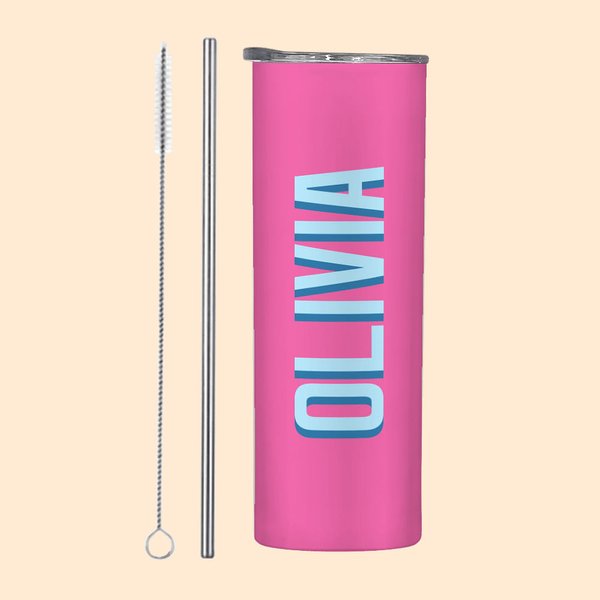 Personalisierte Multicolor Schatten Monogramm 20oz Name Skinny Becher mit Strohhalm und Reinigungsbürste Geburtstag Party Sport Geschenk für sie