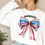 Personalised Red White Blue USA Flag Bow Heart Letters 4th of July 1776 Sweatshirt with Name American Independence Day Gift for Her