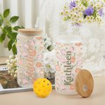 Personalisierte Retro Blume Pickleball Paddel 20oz mattiertes Glas Becher mit Namen Deckel und Strohhalm Geburtstag Sport Zubehör Geschenk für Pickleb