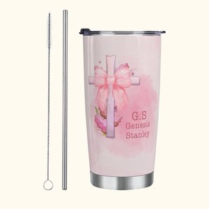 Coquette rosa personalizzata Bow Tie Cross 20 oz nome Tumbler con cannuccia e spazzola Regalo di compleanno per lei