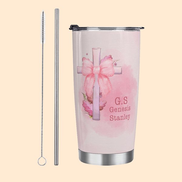 Coquette Rosa Personalizado Cruz con Pajarita 20oz Vaso con Nombre con Pajita y Cepillo Regalo de Cumpleaños para Ella