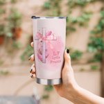 Gepersonaliseerde Roze Coquette Strik Kruis 20oz Naam Tumbler met Rietje en Borstel Verjaardagscadeau voor haar