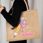 Coquette personalizada Lápiz con lazo rosa Bolsa de yute con nombre Gran capacidad Agradecimiento al profesor Regalo de vuelta al cole para el profeso