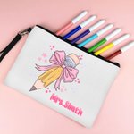 Personalisierte Cute Coquette Bow Pencil Pouch mit Namen und Handgelenk Strap Portable Teacher's Day zurück zu Schule Geschenk für Lehrer