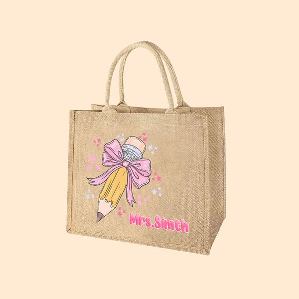 Coquette personalizada Lápiz con lazo rosa Bolsa de yute con nombre Gran capacidad Agradecimiento al profesor Regalo de vuelta al cole para el profeso