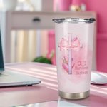 Gepersonaliseerde Roze Coquette Strik Kruis 20oz Naam Tumbler met Rietje en Borstel Verjaardagscadeau voor haar