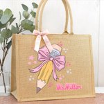 Coquette personalizada Lápiz con lazo rosa Bolsa de yute con nombre Gran capacidad Agradecimiento al profesor Regalo de vuelta al cole para el profeso