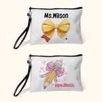 Personalisierte Cute Coquette Bow Pencil Pouch mit Namen und Handgelenk Strap Portable Teacher's Day zurück zu Schule Geschenk für Lehrer