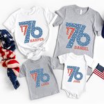 Personalized American Flag 1776 4th of July 100% Cotton Baby Onesie Kid Adult T-shirt Matching Outfit with Name Independence Day Gift for Family