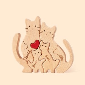 Personalised Wooden Cute Love Hug Cat Family Puzzle with 2-7 Engraved Names Desk Decoration Birthday Anniversary Gift for Family Couple