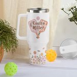 Personalisierte Retro Blume Pickleball Paddles 40oz Name Becher mit Strohhalm und Griff Geburtstag Graduierung Geschenk für Sportliebhaber