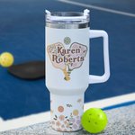Personalisierte Retro Blume Pickleball Paddles 40oz Name Becher mit Strohhalm und Griff Geburtstag Graduierung Geschenk für Sportliebhaber