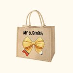Matita personalizzata Coquette Bow Jute Tote Bag con nome Accessorio da viaggio di grande capacità Regalo di apprezzamento per il giorno dell'insegnan