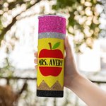 Personalized Glitter Apple Pencil Crayon 20oz Name Skinny Tumbler with Brush and Straw Birthday Appreciation Gift for Teacher