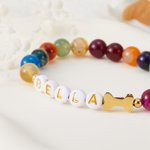 Personalized Agate Crystal Pet Name Beaded Bracelet with Bone Charm Birthday Memorial Gift for Dog Lovers