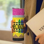 Personalized Glitter Apple Pencil Crayon 20oz Name Skinny Tumbler with Brush and Straw Birthday Appreciation Gift for Teacher