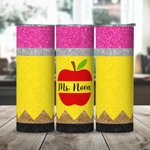 Personalized Glitter Apple Pencil Crayon 20oz Name Skinny Tumbler with Brush and Straw Birthday Appreciation Gift for Teacher
