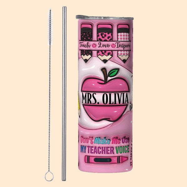 Lápiz de manzana rosa personalizado en 3D Teach Love Inspire Vaso fino de 20 onzas con nombre en reconocimiento al profesor Regalo de vuelta al cole p