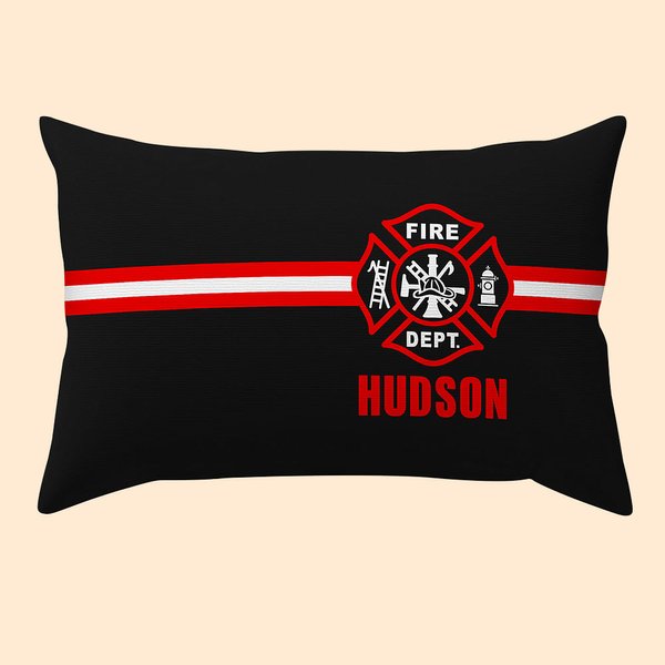 Taie d'oreiller personnalisée à rayures avec logo des pompiers et nom Cadeau de pendaison de crémaillère Cadeau de fin d'études pour les pompiers