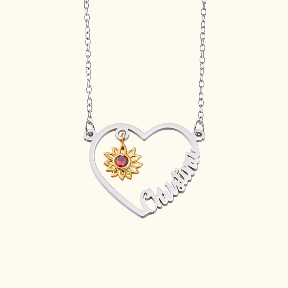 Collier Personnalisé avec Pierre de Naissance et Nom Pendentif en Forme de Coeur Breloque Tournesol Cadeau Anniversaire pour Femme