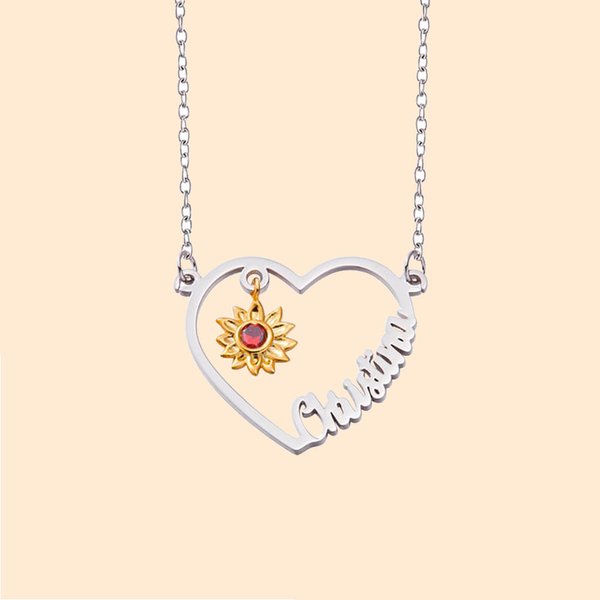 Personalizado You Are My Sunshine Heart-Shaped Sunflower Name Necklace with Birthstone Birthday Anniversary Gift for Her