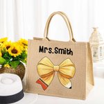 Matita personalizzata Coquette Bow Jute Tote Bag con nome Accessorio da viaggio di grande capacità Regalo di apprezzamento per il giorno dell'insegnan