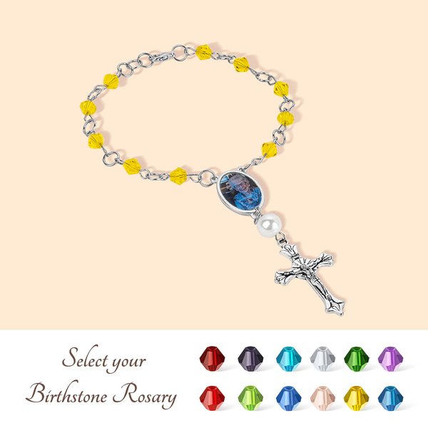 Personalized Photo Birthstone Auto Car Rosary Bracelet with Cross Pendant Memorial Gift for Family Friend